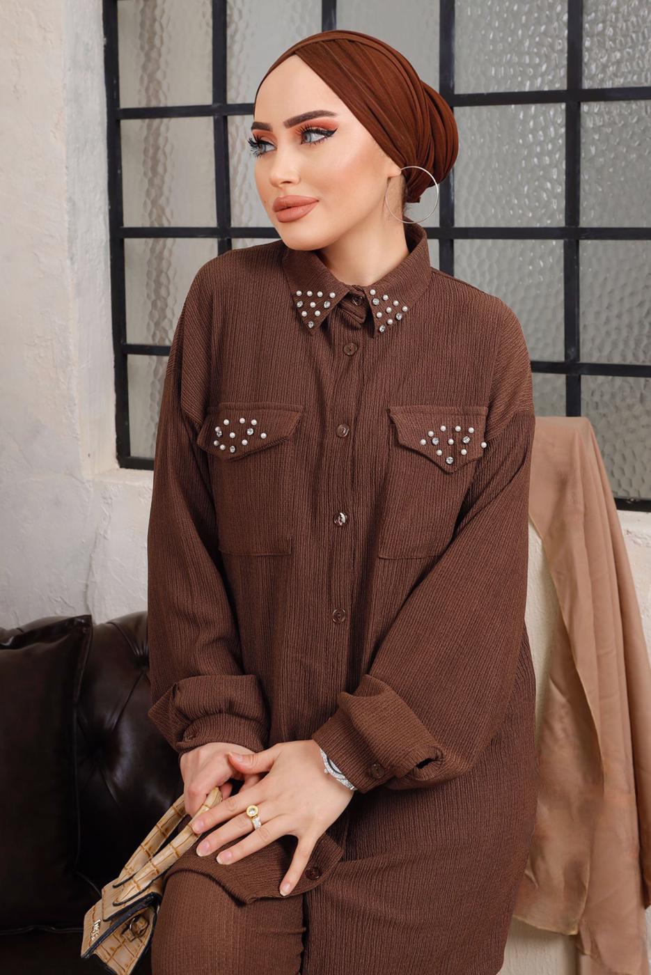 Tesettür giyim KAHVE TAŞ VE BONCUK İŞLEMELİ İKİLİ PANTOLONLU TAKIM T 6703