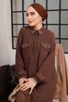 Tesettür giyim KAHVE TAŞ VE BONCUK İŞLEMELİ İKİLİ PANTOLONLU TAKIM T 6703