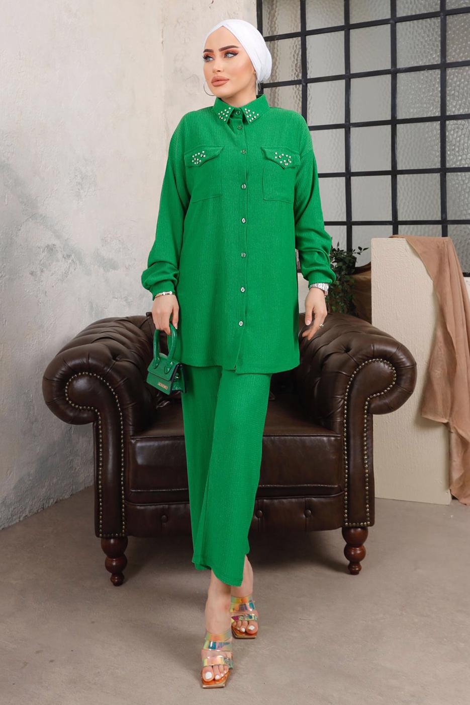 Tesettür giyim YEŞİL TAŞ VE BONCUK İŞLEMELİ İKİLİ PANTOLONLU TAKIM T 6703