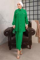 Tesettür giyim YEŞİL TAŞ VE BONCUK İŞLEMELİ İKİLİ PANTOLONLU TAKIM T 6703