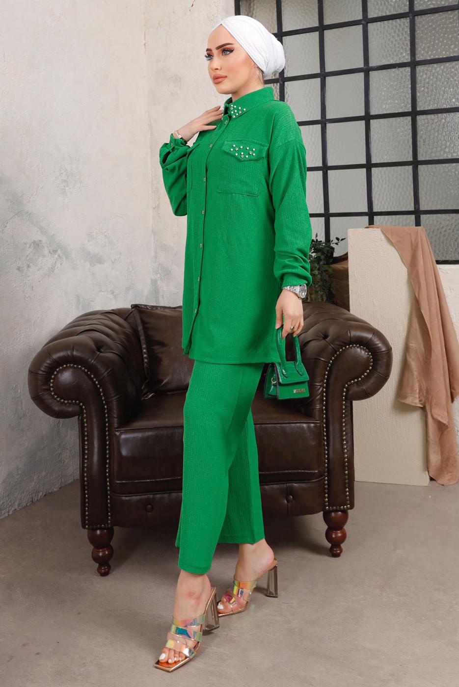 Tesettür giyim YEŞİL TAŞ VE BONCUK İŞLEMELİ İKİLİ PANTOLONLU TAKIM T 6703