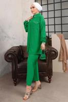 Tesettür giyim YEŞİL TAŞ VE BONCUK İŞLEMELİ İKİLİ PANTOLONLU TAKIM T 6703