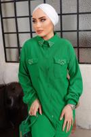 Tesettür giyim YEŞİL TAŞ VE BONCUK İŞLEMELİ İKİLİ PANTOLONLU TAKIM T 6703