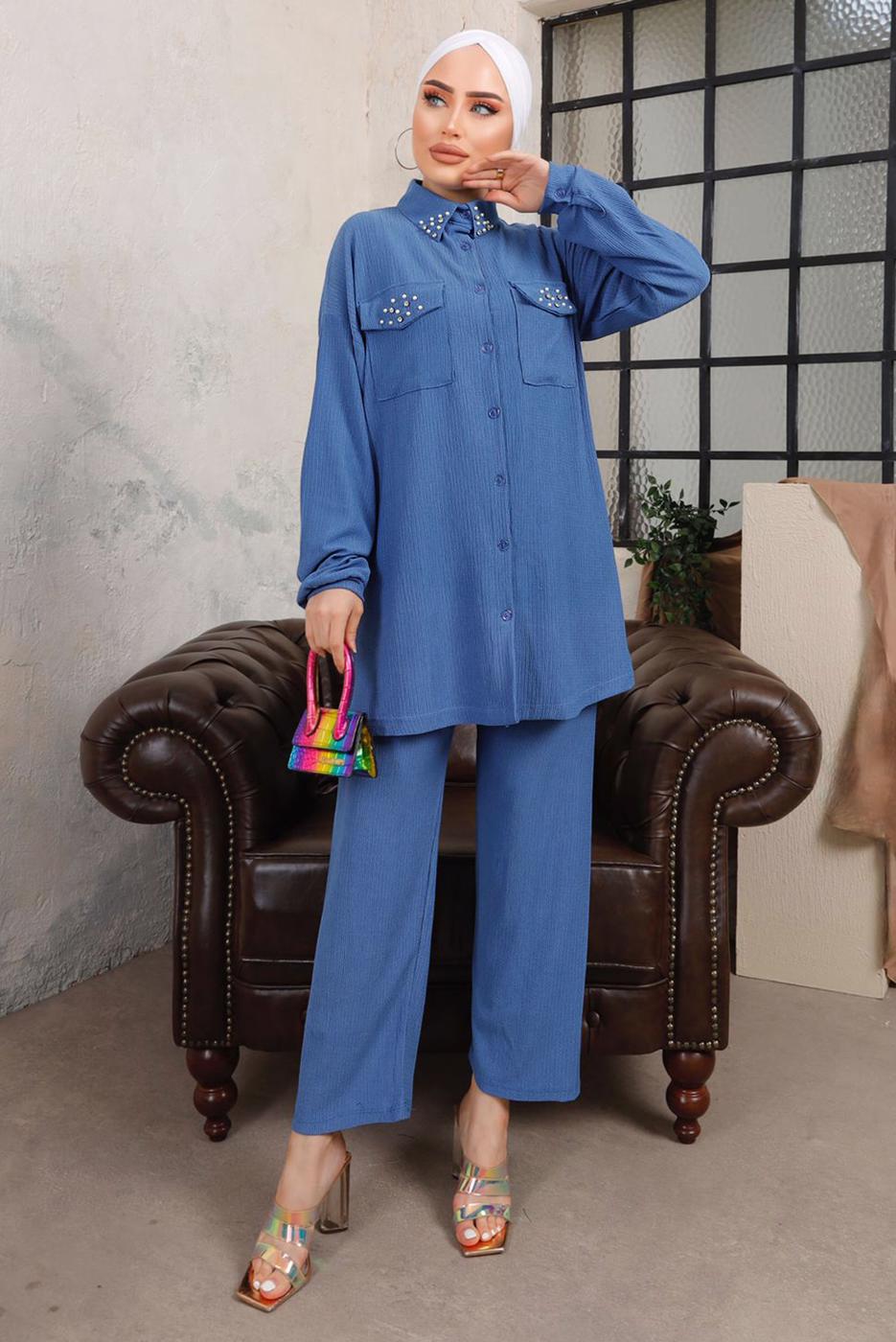 Tesettür giyim LACİVERT TAŞ VE BONCUK İŞLEMELİ İKİLİ PANTOLONLU TAKIM T 6703