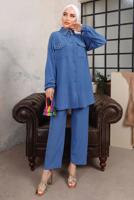 Tesettür giyim LACİVERT TAŞ VE BONCUK İŞLEMELİ İKİLİ PANTOLONLU TAKIM T 6703