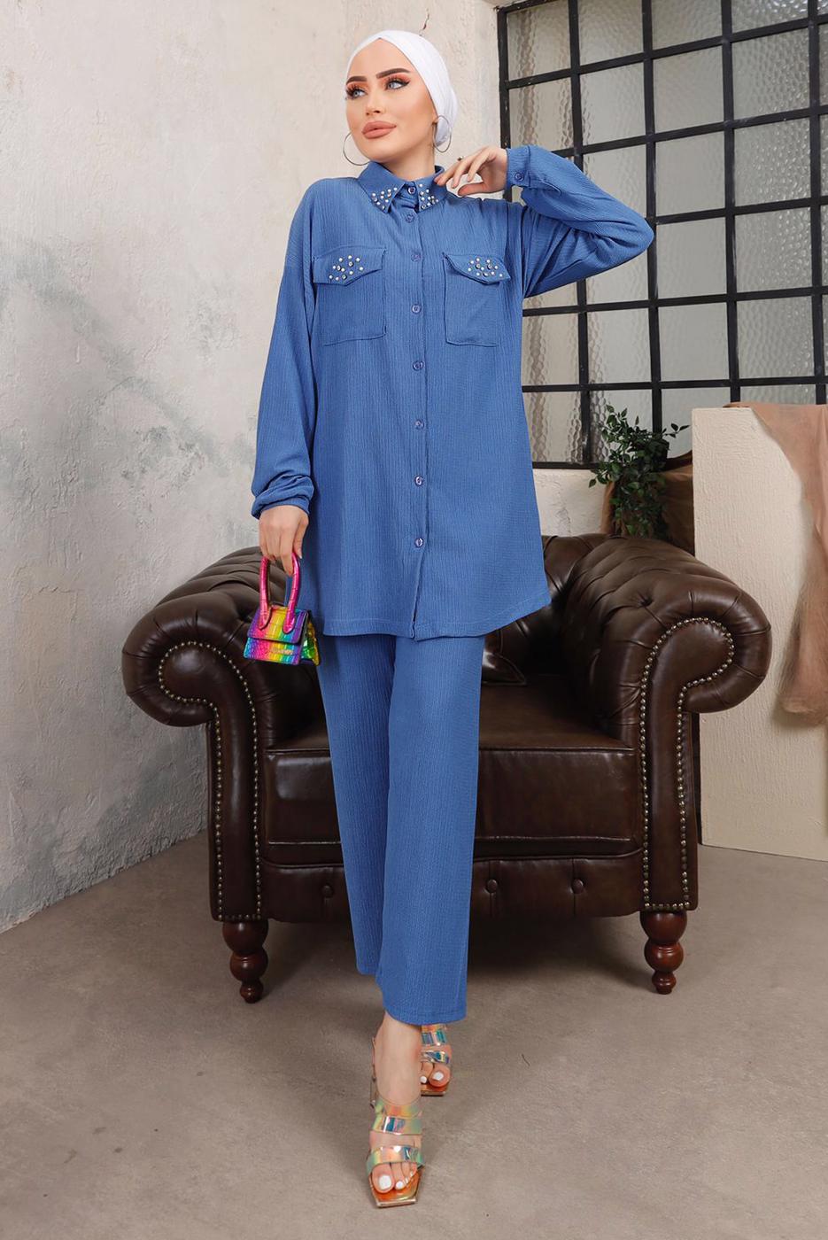 Tesettür giyim LACİVERT TAŞ VE BONCUK İŞLEMELİ İKİLİ PANTOLONLU TAKIM T 6703