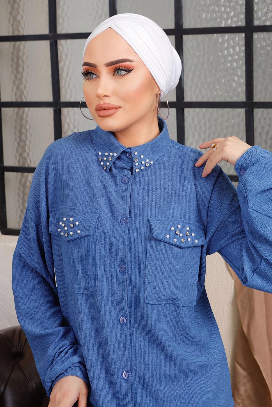 Tesettür giyim LACİVERT TAŞ VE BONCUK İŞLEMELİ İKİLİ PANTOLONLU TAKIM T 6703