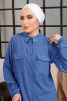 Tesettür giyim LACİVERT TAŞ VE BONCUK İŞLEMELİ İKİLİ PANTOLONLU TAKIM T 6703