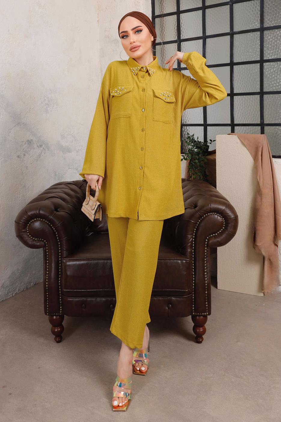 Tesettür giyim YEŞİL TAŞ VE BONCUK İŞLEMELİ İKİLİ PANTOLONLU TAKIM T 6703