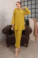 Tesettür giyim YEŞİL TAŞ VE BONCUK İŞLEMELİ İKİLİ PANTOLONLU TAKIM T 6703