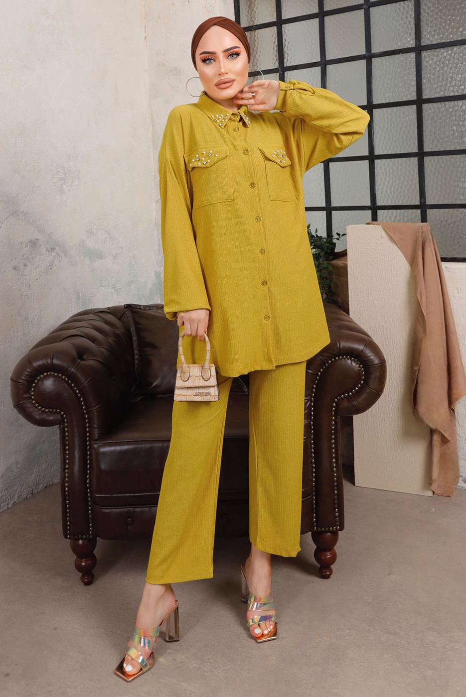 Tesettür giyim YEŞİL TAŞ VE BONCUK İŞLEMELİ İKİLİ PANTOLONLU TAKIM T 6703