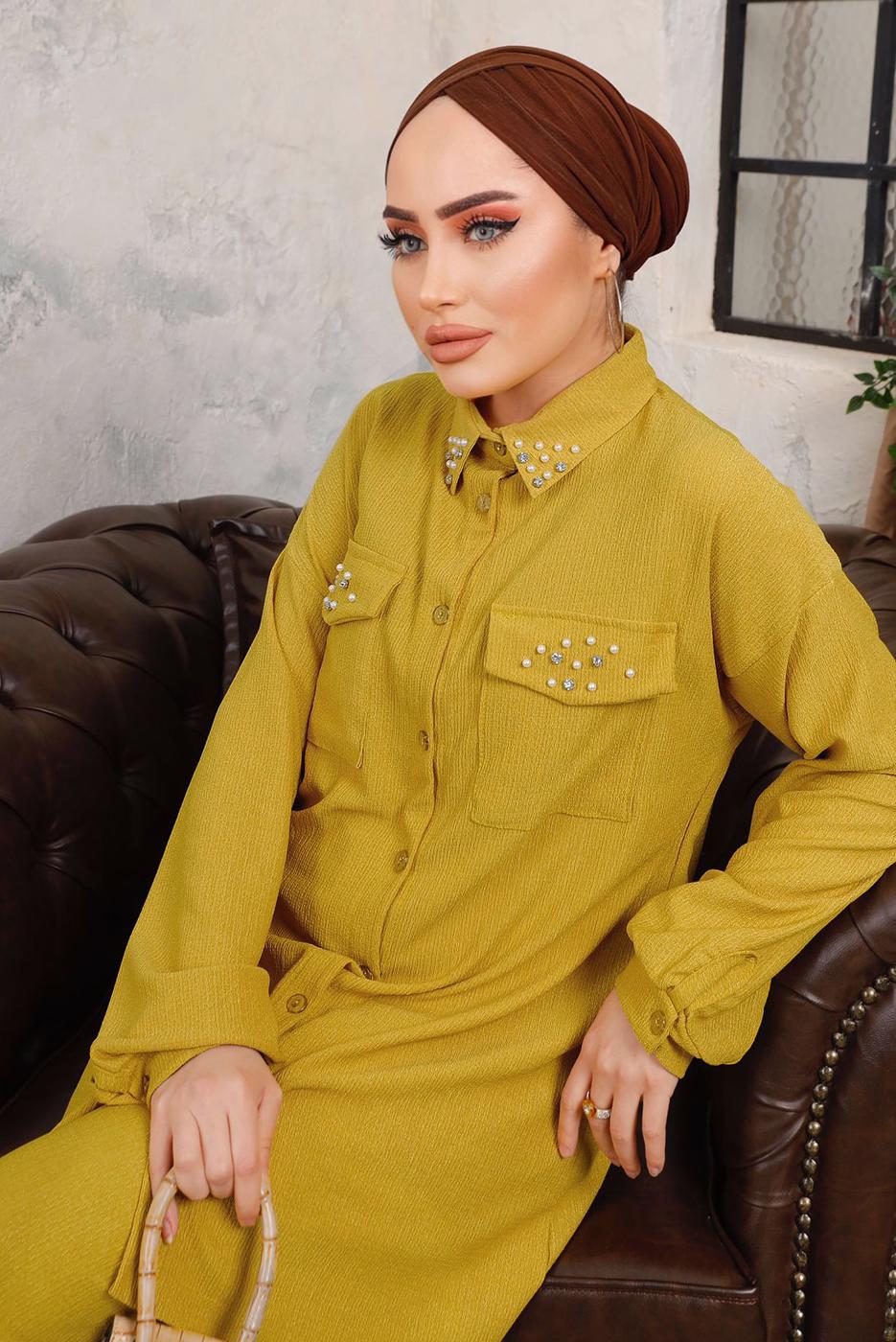 Tesettür giyim YEŞİL TAŞ VE BONCUK İŞLEMELİ İKİLİ PANTOLONLU TAKIM T 6703