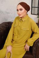 Tesettür giyim YEŞİL TAŞ VE BONCUK İŞLEMELİ İKİLİ PANTOLONLU TAKIM T 6703