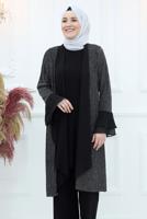 Tesettür giyim SİYAH KOLU FIRFIR DETAYLI SİMLİ ÜÇLÜ PANTOLONLU TAKIM T 6921