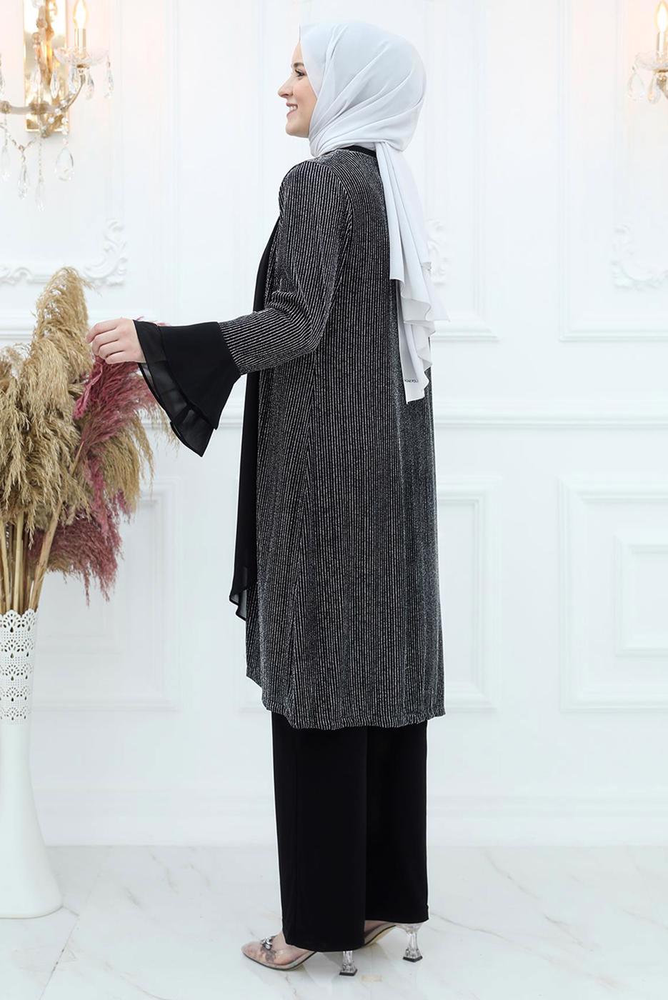 Tesettür giyim SİYAH KOLU FIRFIR DETAYLI SİMLİ ÜÇLÜ PANTOLONLU TAKIM T 6921