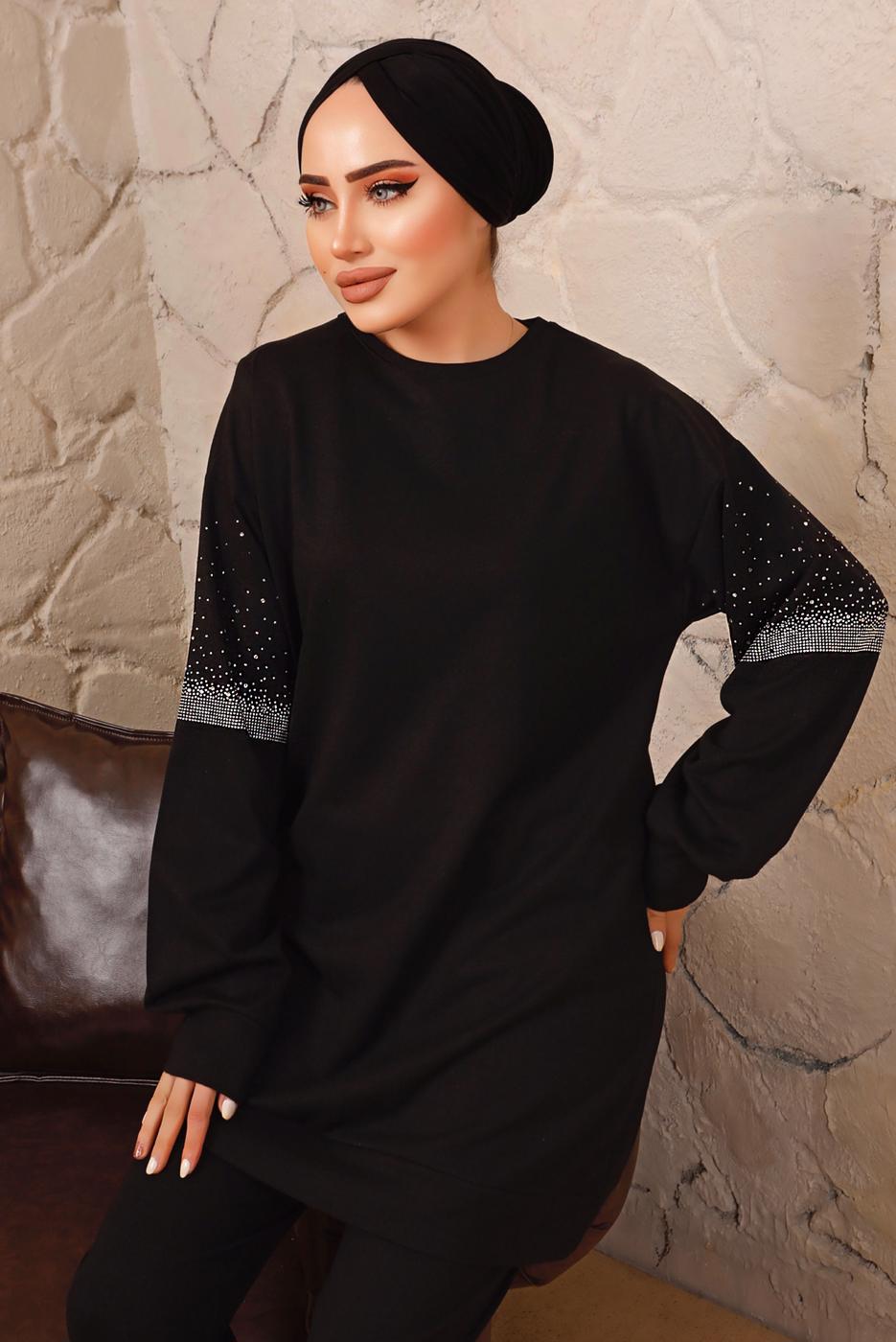 Tesettür giyim SİYAH TAŞ DETAYLI MANŞETLERİ LASTİKLİ İKİLİ PANTOLONLU TAKIM T 6992