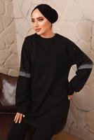 Tesettür giyim SİYAH TAŞ DETAYLI MANŞETLERİ LASTİKLİ İKİLİ PANTOLONLU TAKIM T 6992