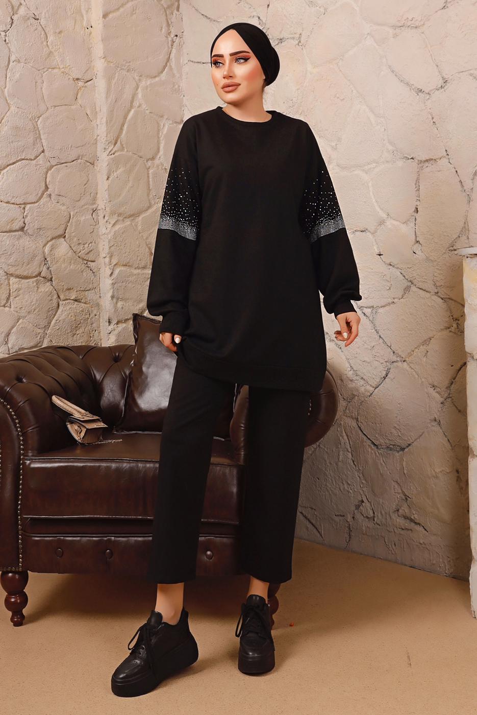 Tesettür giyim SİYAH TAŞ DETAYLI MANŞETLERİ LASTİKLİ İKİLİ PANTOLONLU TAKIM T 6992