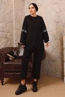 Tesettür giyim SİYAH TAŞ DETAYLI MANŞETLERİ LASTİKLİ İKİLİ PANTOLONLU TAKIM T 6992