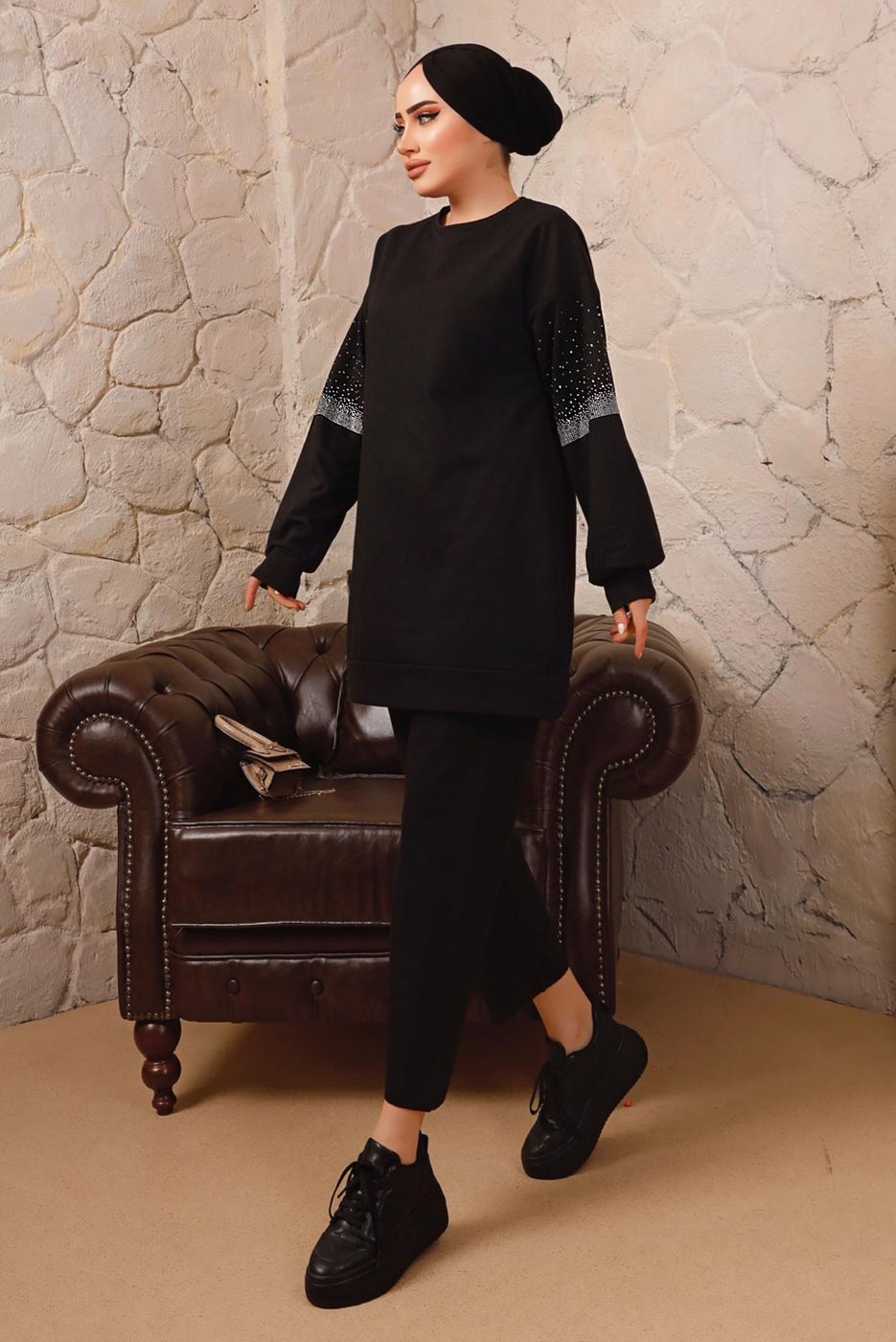 Tesettür giyim SİYAH TAŞ DETAYLI MANŞETLERİ LASTİKLİ İKİLİ PANTOLONLU TAKIM T 6992