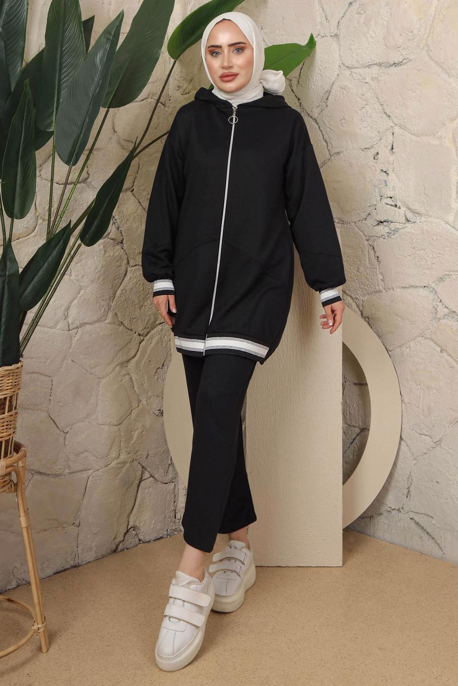 Tesettür giyim SİYAH KAPÜŞONLU FERMUARLI İKİLİ EŞOFMAN TAKIM T 70921