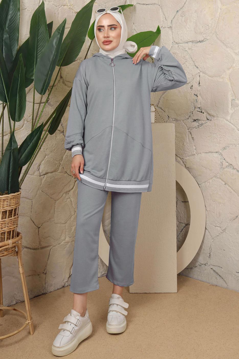 Tesettür giyim GRİ KAPÜŞONLU FERMUARLI İKİLİ EŞOFMAN TAKIM T 70921