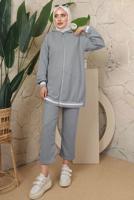 Tesettür giyim GRİ KAPÜŞONLU FERMUARLI İKİLİ EŞOFMAN TAKIM T 70921