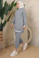 Tesettür giyim GRİ KAPÜŞONLU FERMUARLI İKİLİ EŞOFMAN TAKIM T 70921