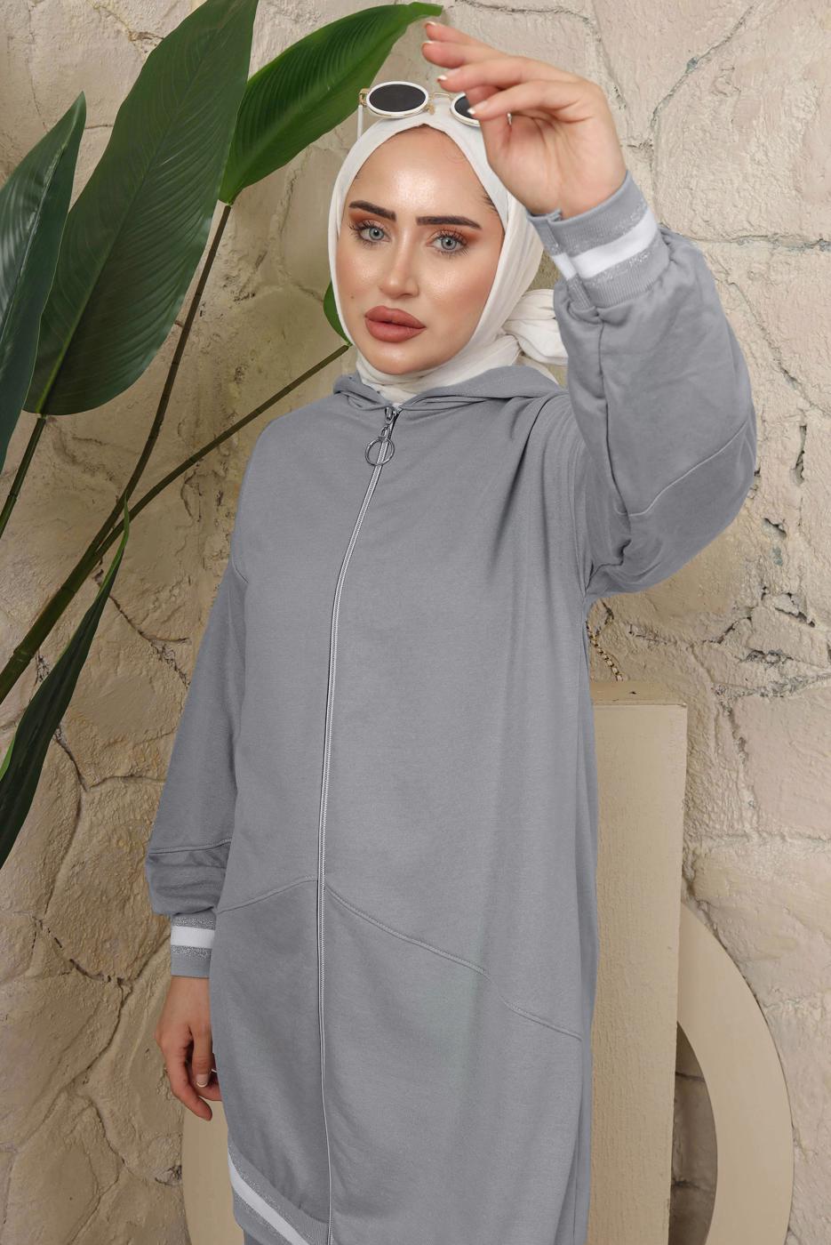 Tesettür giyim GRİ KAPÜŞONLU FERMUARLI İKİLİ EŞOFMAN TAKIM T 70921