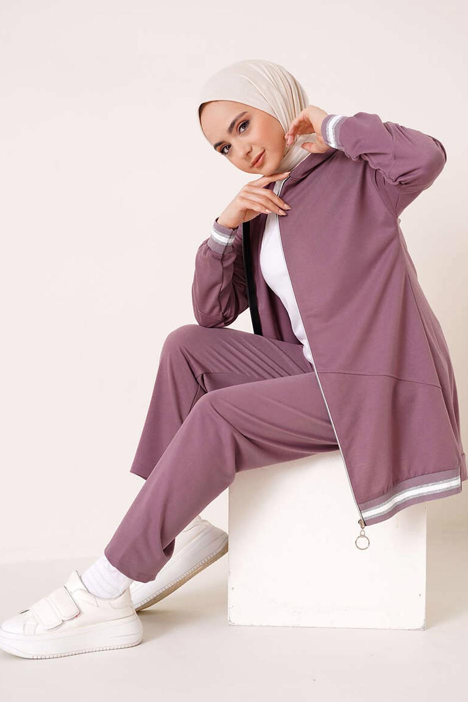 Tesettür giyim PEMBE KAPÜŞONLU FERMUARLI İKİLİ EŞOFMAN TAKIM T 70921