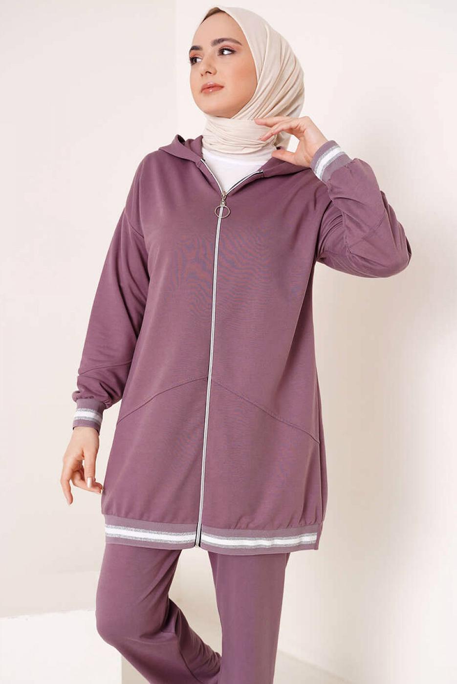 Tesettür giyim PEMBE KAPÜŞONLU FERMUARLI İKİLİ EŞOFMAN TAKIM T 70921