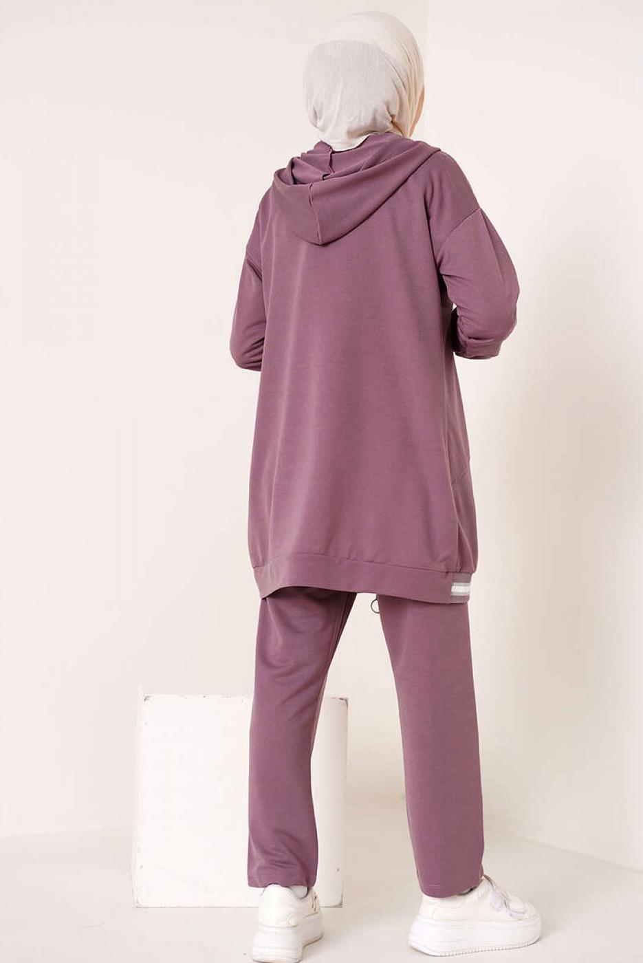 Tesettür giyim PEMBE KAPÜŞONLU FERMUARLI İKİLİ EŞOFMAN TAKIM T 70921