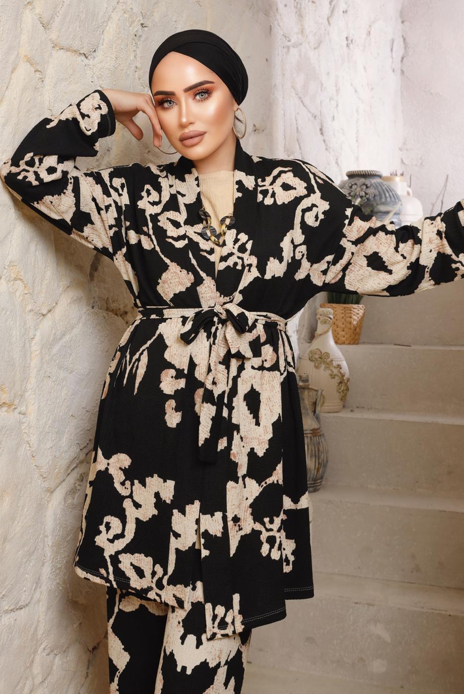 Tesettür giyim SİYAH DESENLİ KOLYELİ ÜÇLÜ PANTOLONLU TAKIM T 7133