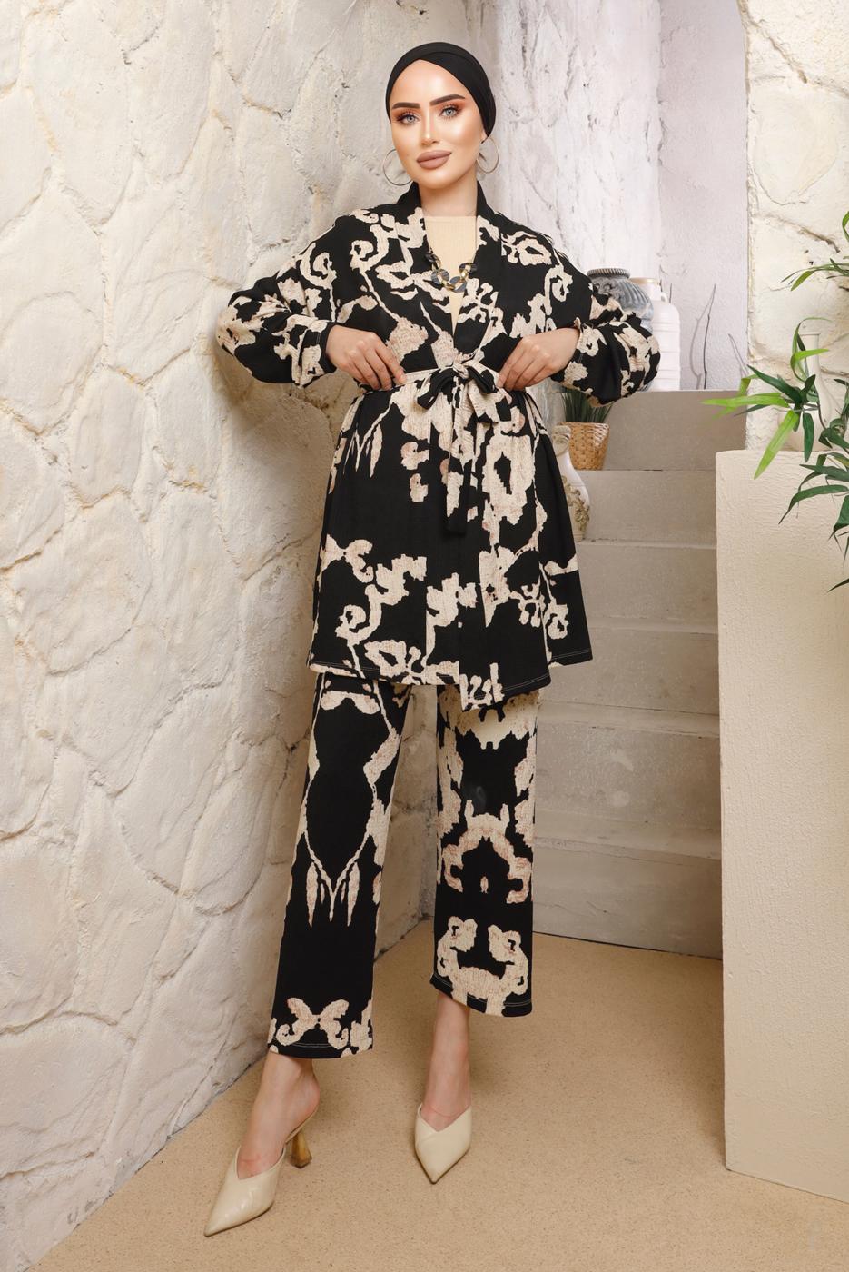 Tesettür giyim SİYAH DESENLİ KOLYELİ ÜÇLÜ PANTOLONLU TAKIM T 7133