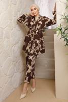 Tesettür giyim KAHVE DESENLİ KOLYELİ ÜÇLÜ PANTOLONLU TAKIM T 7133