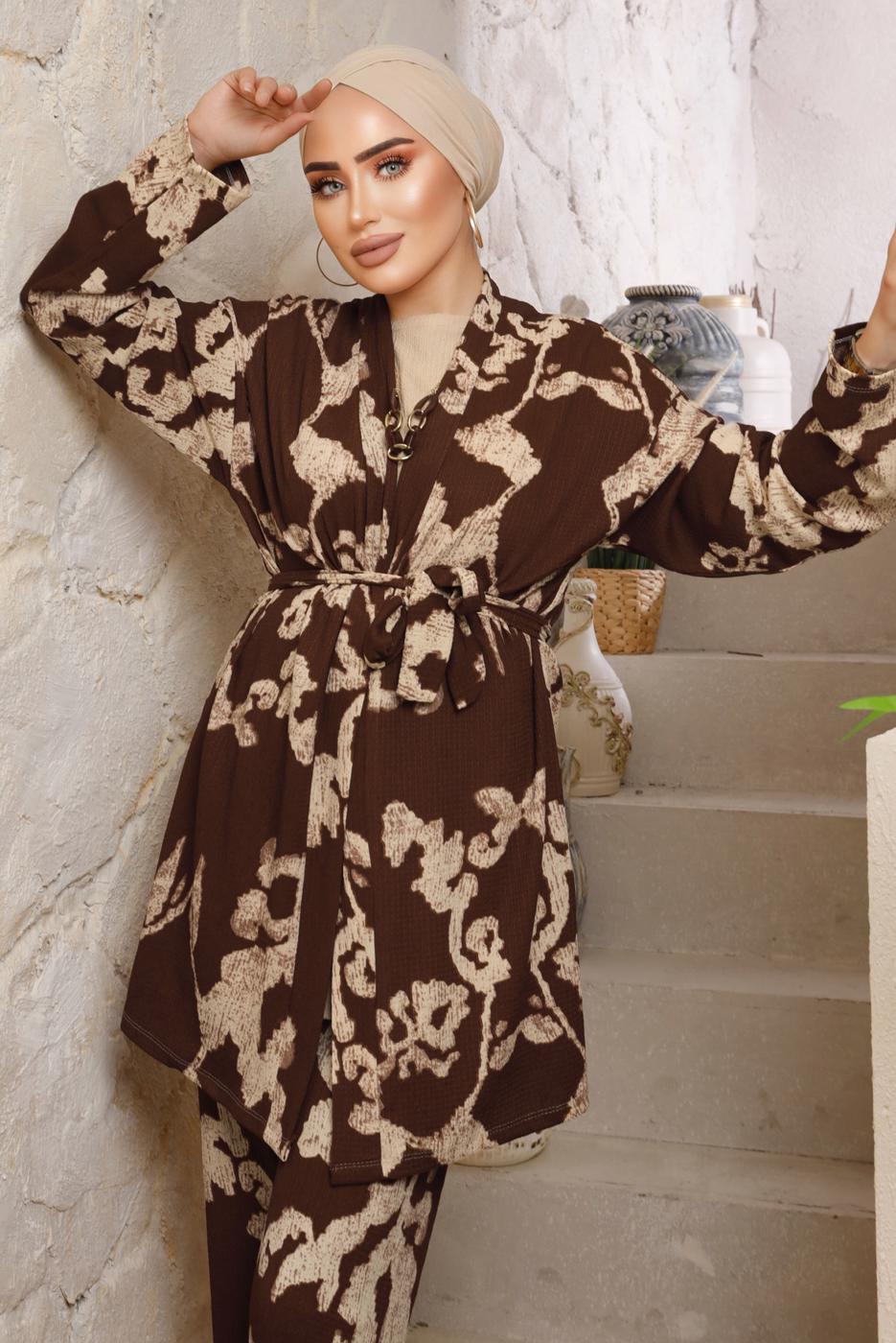 Tesettür giyim KAHVE DESENLİ KOLYELİ ÜÇLÜ PANTOLONLU TAKIM T 7133
