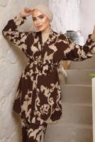 Tesettür giyim KAHVE DESENLİ KOLYELİ ÜÇLÜ PANTOLONLU TAKIM T 7133
