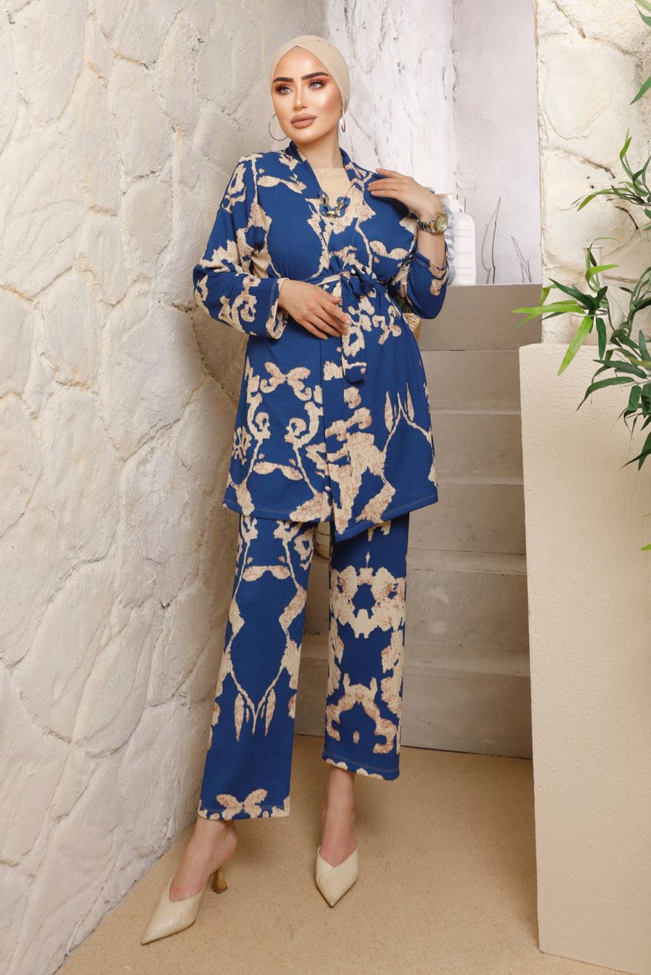 Tesettür giyim LACİVERT DESENLİ KOLYELİ ÜÇLÜ PANTOLONLU TAKIM T 7133