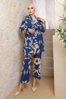 Tesettür giyim LACİVERT DESENLİ KOLYELİ ÜÇLÜ PANTOLONLU TAKIM T 7133