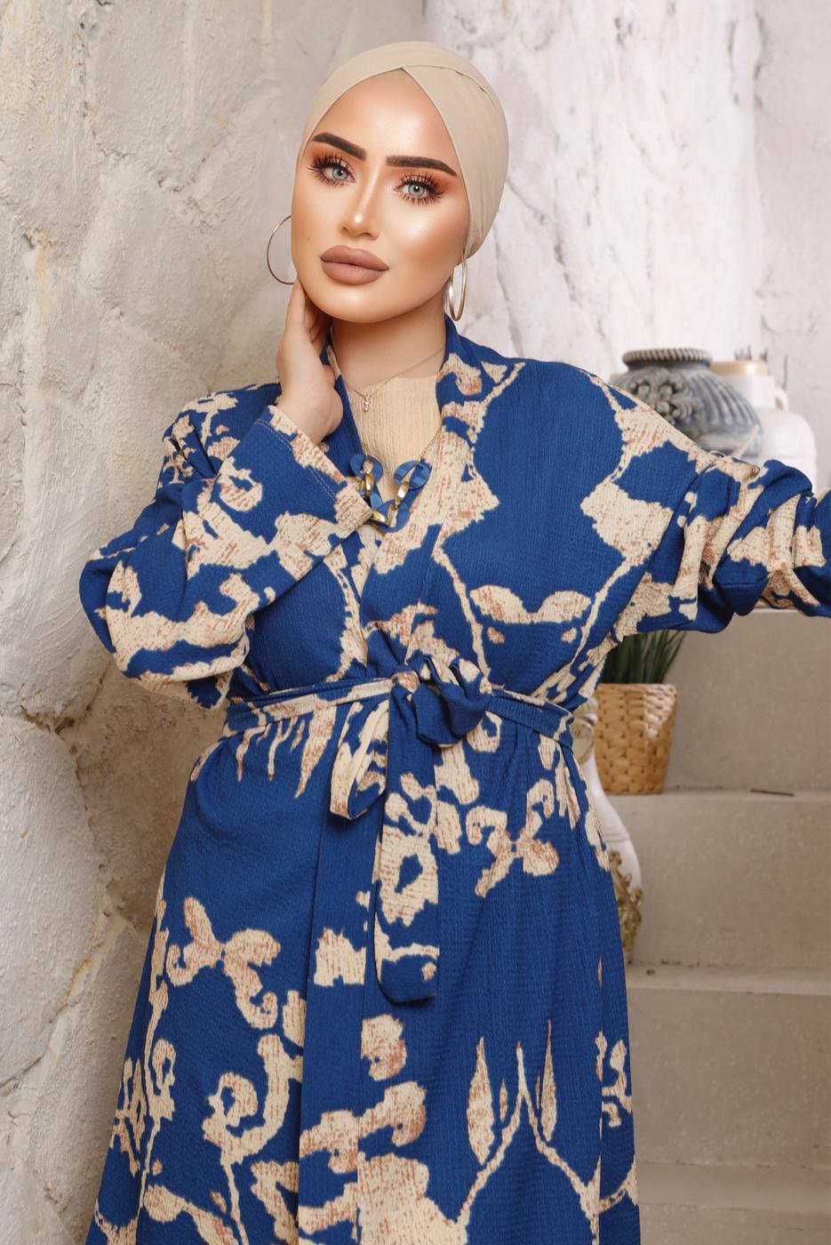 Tesettür giyim LACİVERT DESENLİ KOLYELİ ÜÇLÜ PANTOLONLU TAKIM T 7133