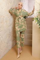 Tesettür giyim YEŞİL DESENLİ KOLYELİ ÜÇLÜ PANTOLONLU TAKIM T 7133