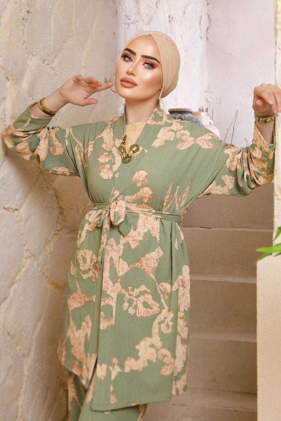 Tesettür giyim YEŞİL DESENLİ KOLYELİ ÜÇLÜ PANTOLONLU TAKIM T 7133