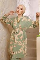 Tesettür giyim YEŞİL DESENLİ KOLYELİ ÜÇLÜ PANTOLONLU TAKIM T 7133