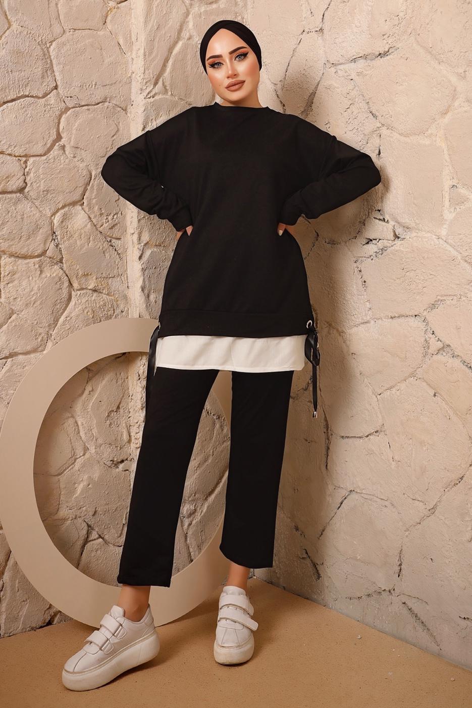 Tesettür giyim SİYAH YANLARI İP DETAYLI İKİLİ PANTOLON EŞOFMAN TAKIMT 7192
