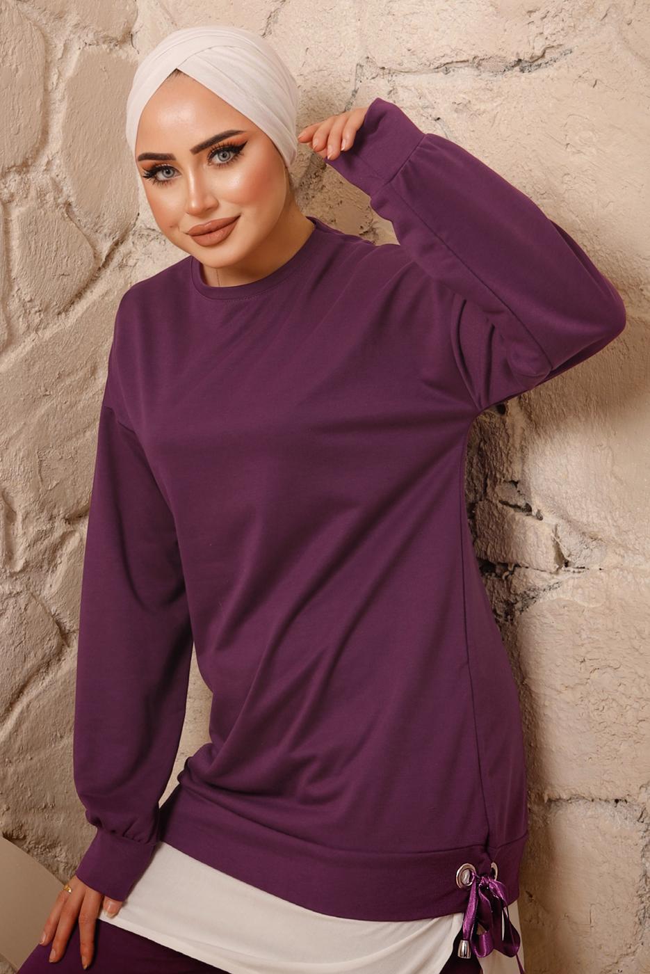 Tesettür giyim MOR YANLARI İP DETAYLI İKİLİ PANTOLON EŞOFMAN TAKIMT 7192