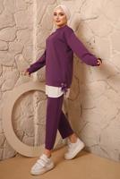 Tesettür giyim MOR YANLARI İP DETAYLI İKİLİ PANTOLON EŞOFMAN TAKIMT 7192