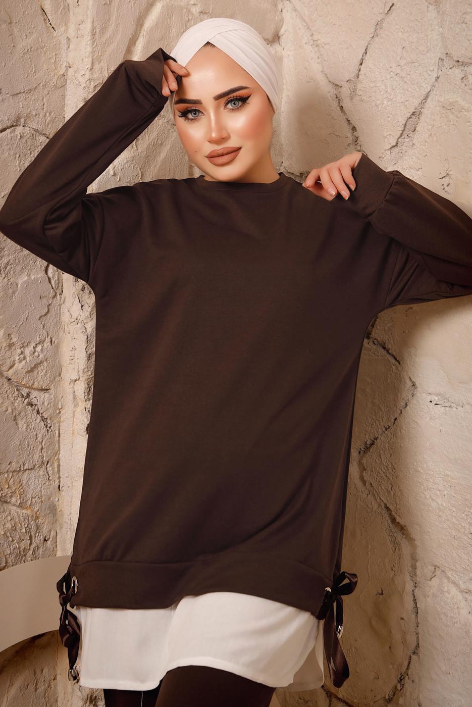 Tesettür giyim KAHVE YANLARI İP DETAYLI İKİLİ PANTOLON EŞOFMAN TAKIMT 7192