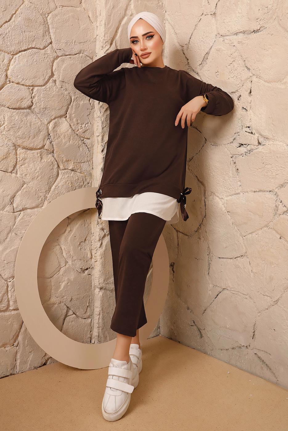 Tesettür giyim KAHVE YANLARI İP DETAYLI İKİLİ PANTOLON EŞOFMAN TAKIMT 7192