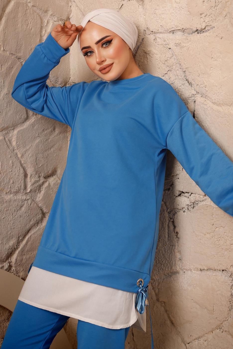 Tesettür giyim LACİVERT YANLARI İP DETAYLI İKİLİ PANTOLON EŞOFMAN TAKIMT 7192