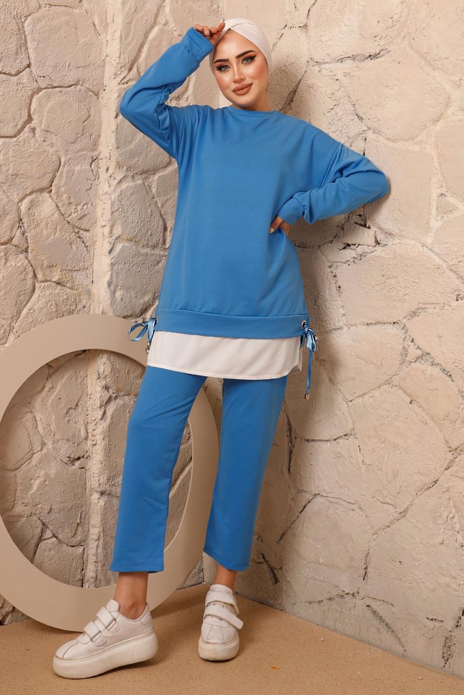Tesettür giyim LACİVERT YANLARI İP DETAYLI İKİLİ PANTOLON EŞOFMAN TAKIMT 7192